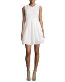 Sculpted Mesh Fit-&-Flare Dress, White