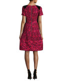 Short-Sleeve Floral Jacquard Fit-and-Flare Dress, Cherry