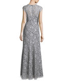 Cap-Sleeve Lace Gown, White/Black