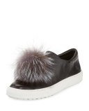 Marli Fox-Pompom Leather Sneaker, Black