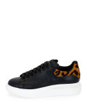 Low-Top Leopard Leather Platform Sneaker, Black