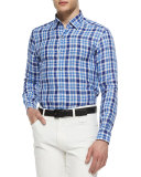 Medium-Check Linen Sport Shirt, Blue