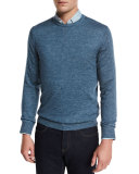 Cashmere-Silk Crewneck Sweater, Medium Blue