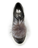 Marli Fox-Pompom Leather Sneaker, Black