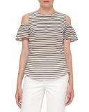 Striped Ruffled Cold-Shoulder Blouse, Khaki/Cream