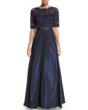 Half-Sleeve Lace-Bodice Taffeta Gown 