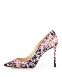 Romy Floral Pointed-Toe 100mm Pump, Dahlia/Brown