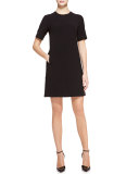 Short-Sleeve Seamed Tunic Dress, Black