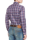 Plaid Long-Sleeve Sport Shirt, Burgundy/Navy