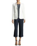 Alternating-Stripe Short-Sleeve Sweater, Navy/Multi