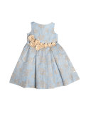 Sleeveless Embroidered Linen-Blend Dress, Blue, Size 4-10