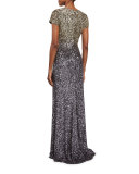 Short-Sleeve Ombre Sequined Gown, Gunmetal/Deco Gold