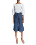 Button-Tab Denim Culotte Pants, Light Indigo