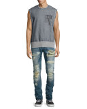 Demon Distressed Slim Denim Jeans, Blue