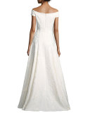 Cap-Sleeve Floral Brocade Gown, Ivory