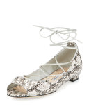 Aneska Snakeskin Lace-Up Open-Toe Flat, Natural