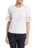 Lace-Trim Half-Sleeve Poplin Top, White