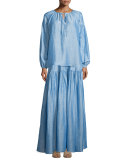 High-Waist Tiered Maxi Skirt, Light Blue