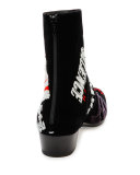 Embroidered Velvet Ankle Boot, Black