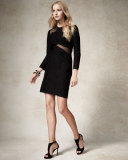 Mesh-Inset 3/4-Sleeve Sheath Dress, Black