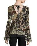 Bell-Sleeve Tie-Neck Top, Black Pattern