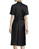 Short-Sleeve Satin Shirtdress, Black