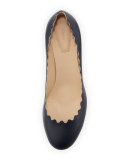 Scalloped Leather Block-Heel Pump, Navy