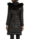 Chesterford Double-Breasted Fur-Hood Quilted Coat, Black  