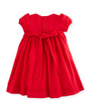 Cap-Sleeve Smocked Twill Dress, Red, Size 2-4