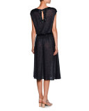 Sequined-Yoke Cap-Sleeve Dress, Blue