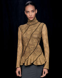 Lace-Print Ruffled Peplum Top, Gold