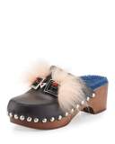 Fox-Fur Shearling-Lined Monster Clog, Nero/Cobalto/Palm