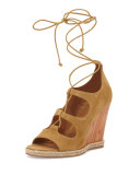Raya Suede Lace-Up Wedge Sandal, Raw Umber