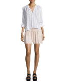 Shirred-Stripe Cotton Popover Top, Optic White