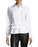 Long-Sleeve Poplin Swallow-Print Blouse, White