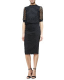 Macrame-Front Pencil Skirt, Black