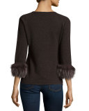 Cashmere Boatneck Sweater w/ Fox Fur Cuffs