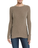 Ribbed Crewneck Sweater w/ Leather Lace-up Sides