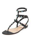 Rockstud Leather Flat Gladiator Sandal, Black/Turquoise/Gold