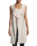 Open-Front Suede Long Vest, Tan/Pink