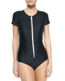 Short-Sleeve Zip Swimsuit, Black