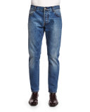 Five-Pocket Washed Denim Jeans, Blue
