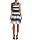 Striped Pointelle A-Line Dress, Black/White 