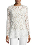 Long-Sleeve Embroidered-Lace Peplum Blouse, White