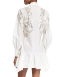 Long-Sleeve Feather-Print Shirtdress, White/Gold