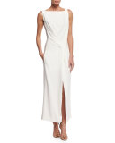 Sleeveless Drape-Front Sheath Dress, Cream