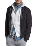 Reversible Leather & Wool Bomber Jacket, Navy