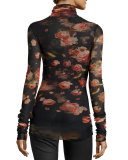 Floral-Print Stretch-Tulle Turtleneck, Black/Red