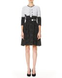 Leaf-Embroidered Sleeveless Fit-&-Flare Dress, White/Black