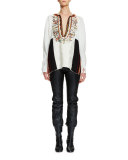 Split-Neck Hand-Embroidered Blouse, Vanilla